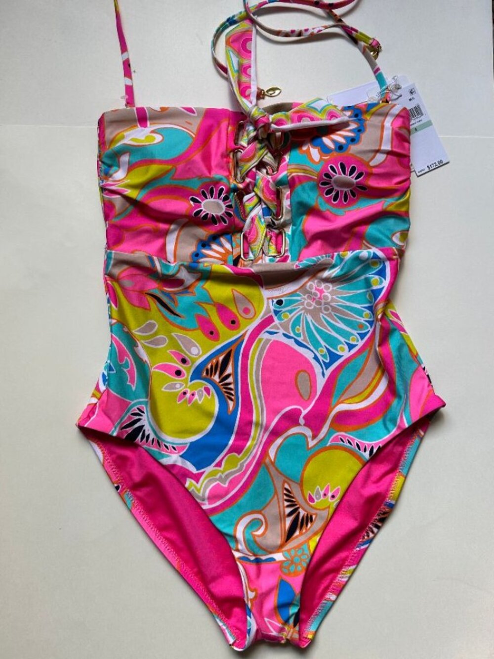 NWT $172 TRINA TURK Venus 1 Pc Lace up Halter Bandeau Swimsuit Size 8